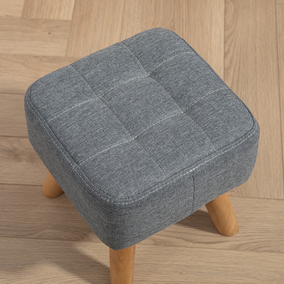 image 1 of HOMCOM Modern Tufted Footstool, Fabric Foot Stool with Rubber Wood Legs, Padded Seat, for Living Room, Bedroom, Entryway, Grey | Grey