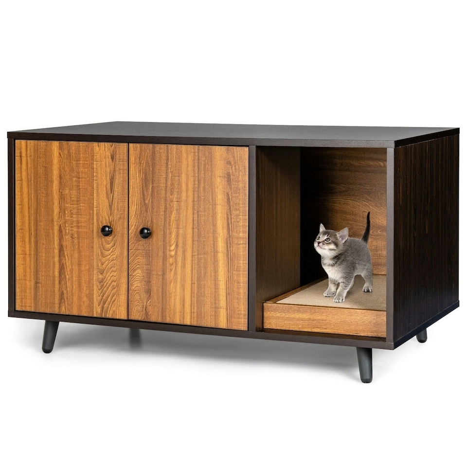 image 1 of COSTWAY Cat Litter Box Enclosure Furniture Hidden Washroom