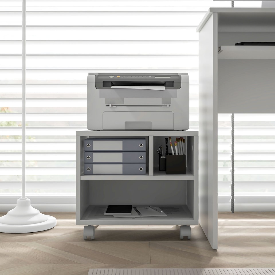 image 1 of HOMCOM 2-Tier Printer Stand with Storage, Under Desk Printer Cart on Wheels with 3 Compartments, Desktop Printer Table for Home Office, White