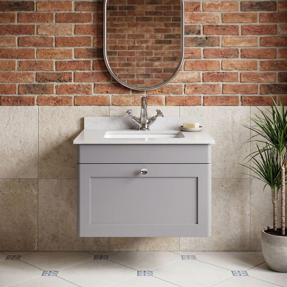 image 1 of Balterley Swynnerton Traditional 1 Drawer Wall Hung Vanity Unit with Marble Basin, Satin Grey, 600mm