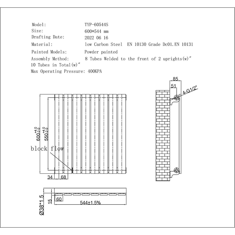 image 1 of Typhoon Horizontal Single Panel Heated Bathroom Radiator - White - (H) 600mm x (W) 544mm