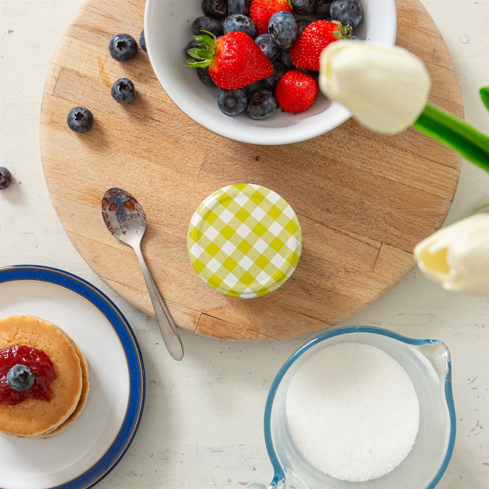 image 1 of Argon Tableware Glass Jam Jars with Yellow Gingham Lids - 130ml - Pack of 6