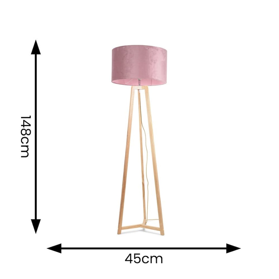 image 1 of ValueLights Lottie Natural Wood Tripod Floor Lamp Blush Pink Velvet Shade and Bulb