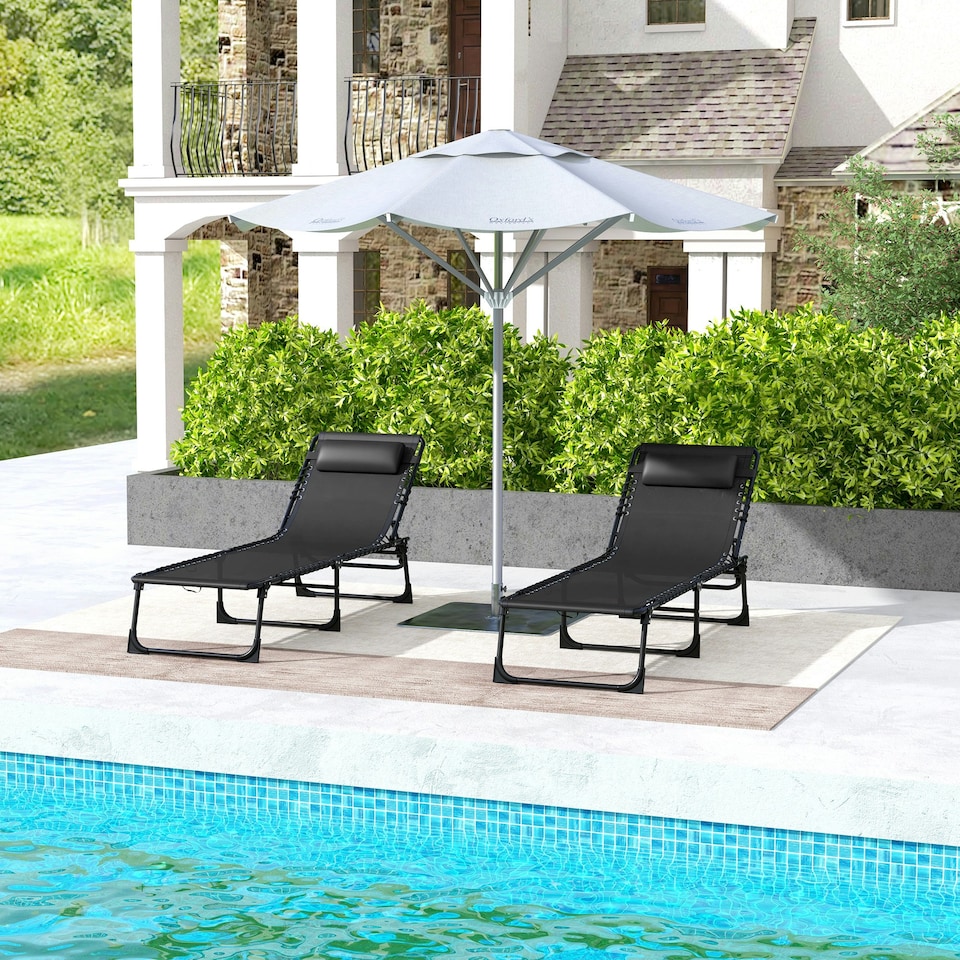 image 1 of Outsunny 2 Pcs Folding Beach Chair Chaise Lounge 4 Adjustable Positions, Black