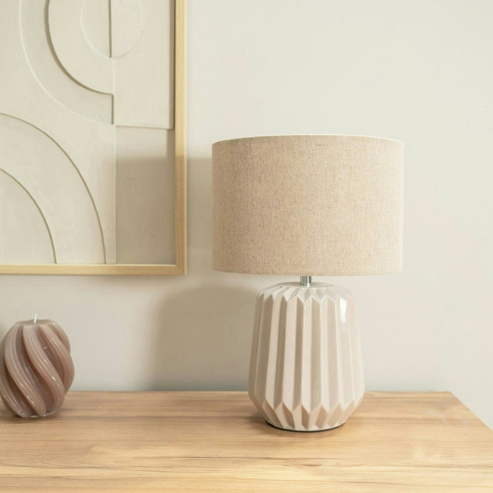 image 1 of ValueLights Zak Pair of Natural Stone Pleated Textured Ceramic Table Lamps with matching Fabric Lamp Shades & LED Bulbs