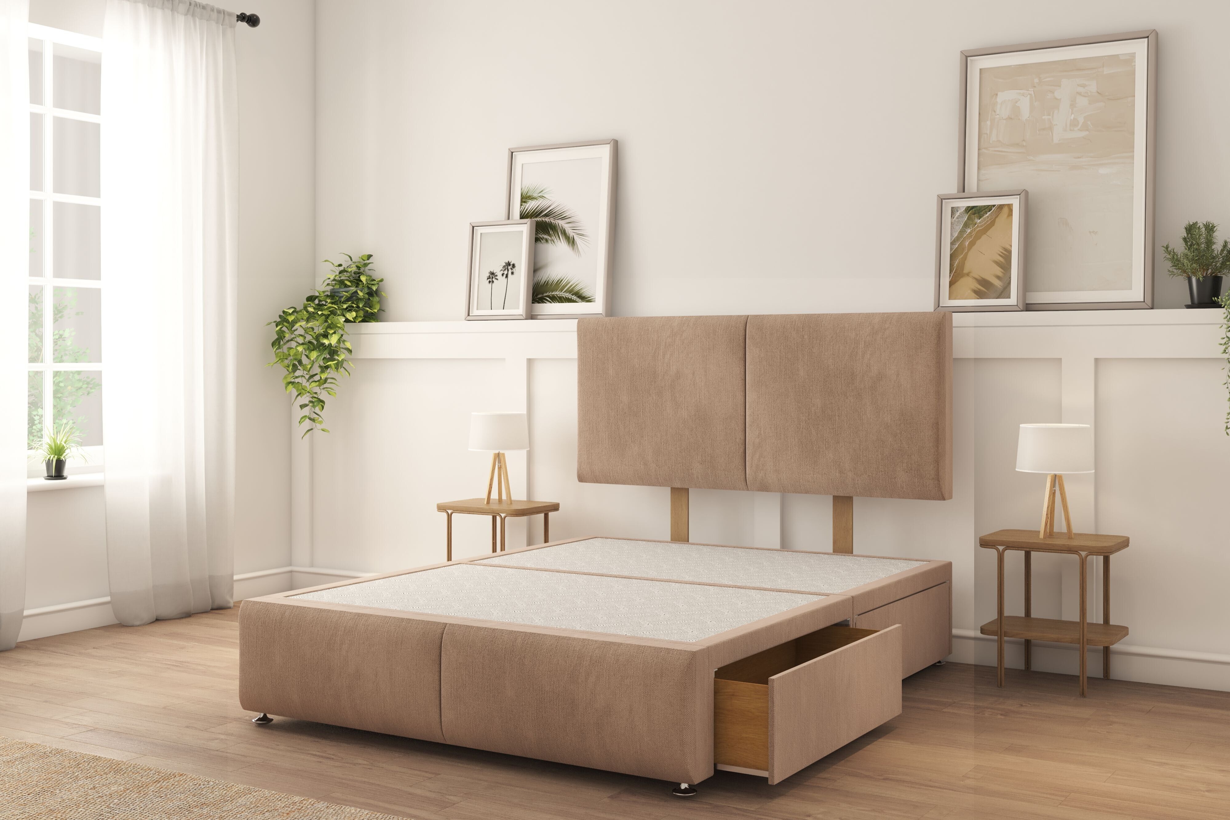 Sloomy Vienna Mink Naples Divan Bed Base 2 Drawers Left Side With 26" Strutted Headboard & 12" Footboard 4'6 Double