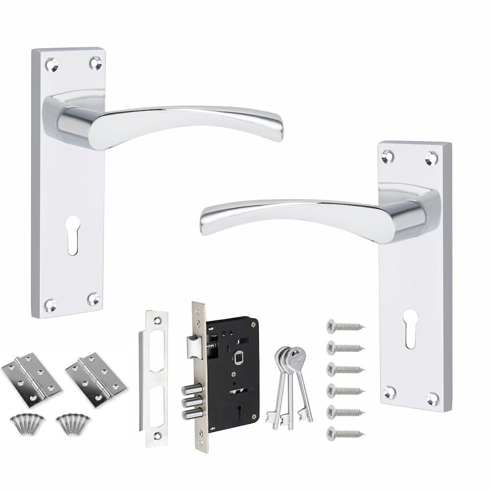 image 1 of Golden Grace Victorian Scroll Astrid Bathroom Lock Door Handles Set in Polished Chrome with 3 Lever Lock Set & 1 Pair of 3" Standard Butt Hinges Chrome