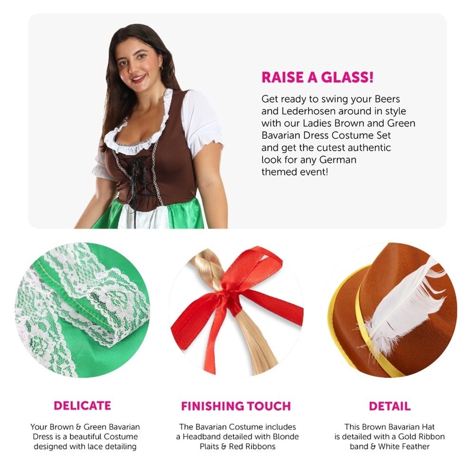image 1 of Green & Brown Bavarian Dress with Stockings, Plaits & Hat Brown | S