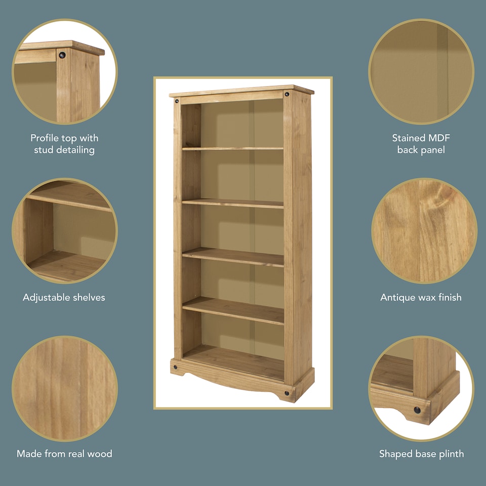 image 1 of Corona Premium Tall 5-Shelf Bookcase - Solid Pine Construction with Metal Hardware and Dovetail Detailing | Brown | Antique Waxed Pine | One Size | 1