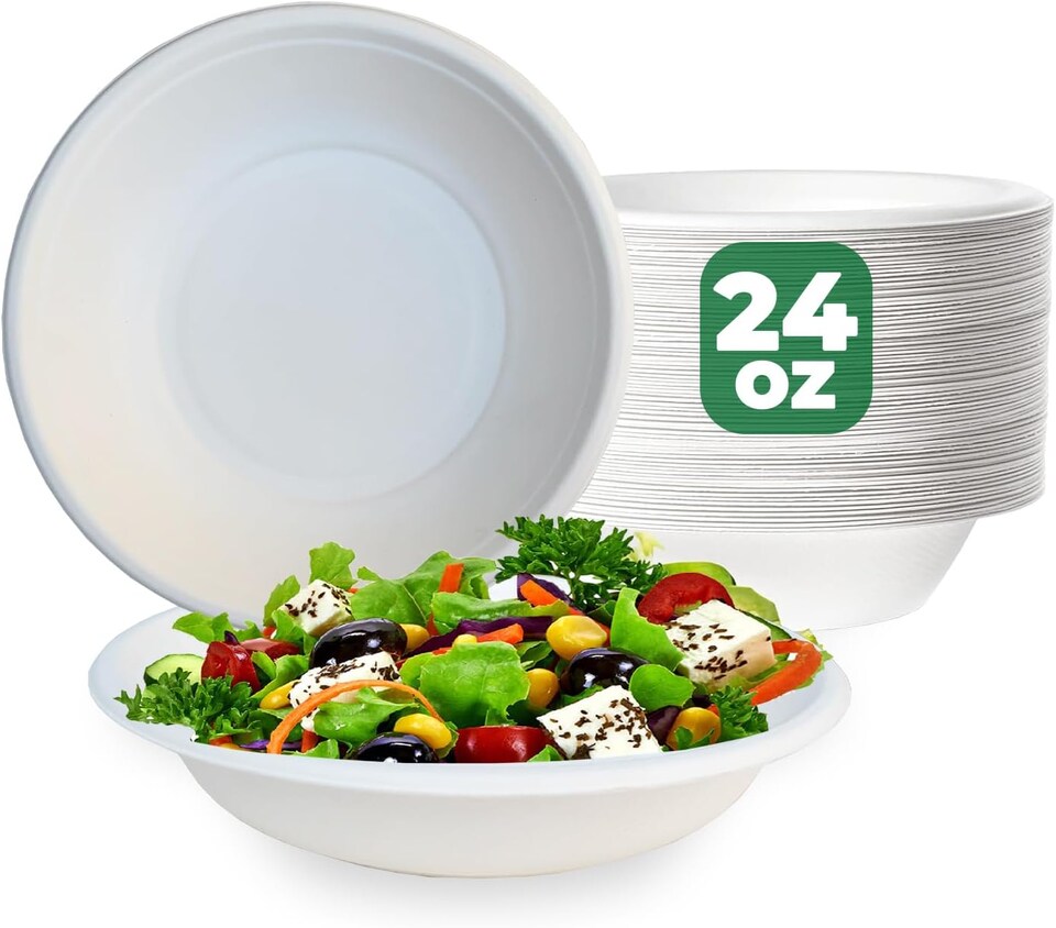 image 1 of ECONX 25Pcs Biodegradable Bagasse Bowls 24oz White Sugarcane Disposable Bowl