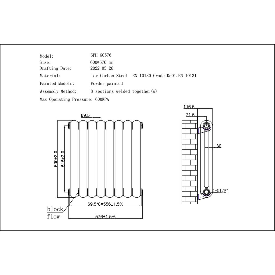 image 1 of Sherwood - White Round Top Column Electric Radiator H600mm x W576mm 2 Column 300w Thermostatic WIFI