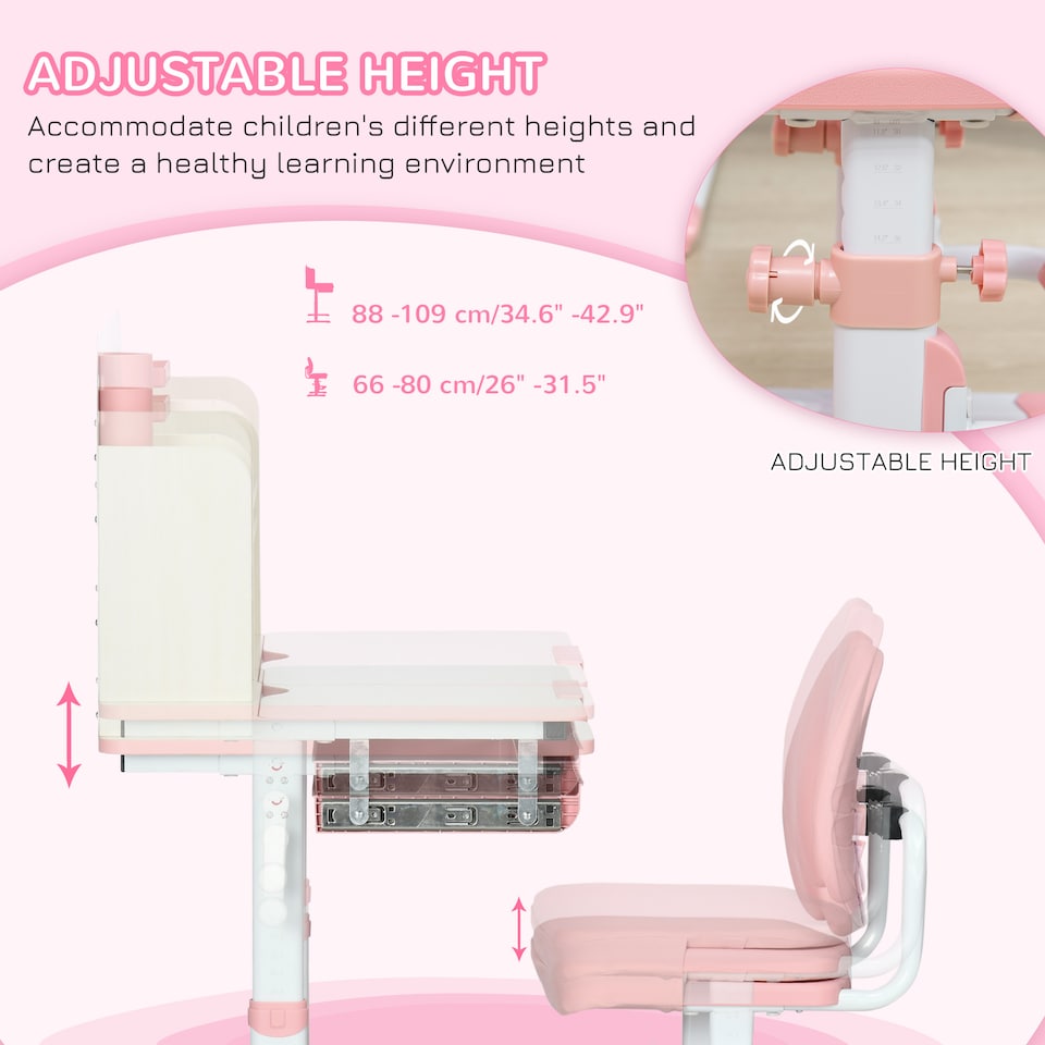 image 1 of HOMCOM Kids Desk and Chair Set, Height Adjustable Study Table for 3-12 Years | Pink