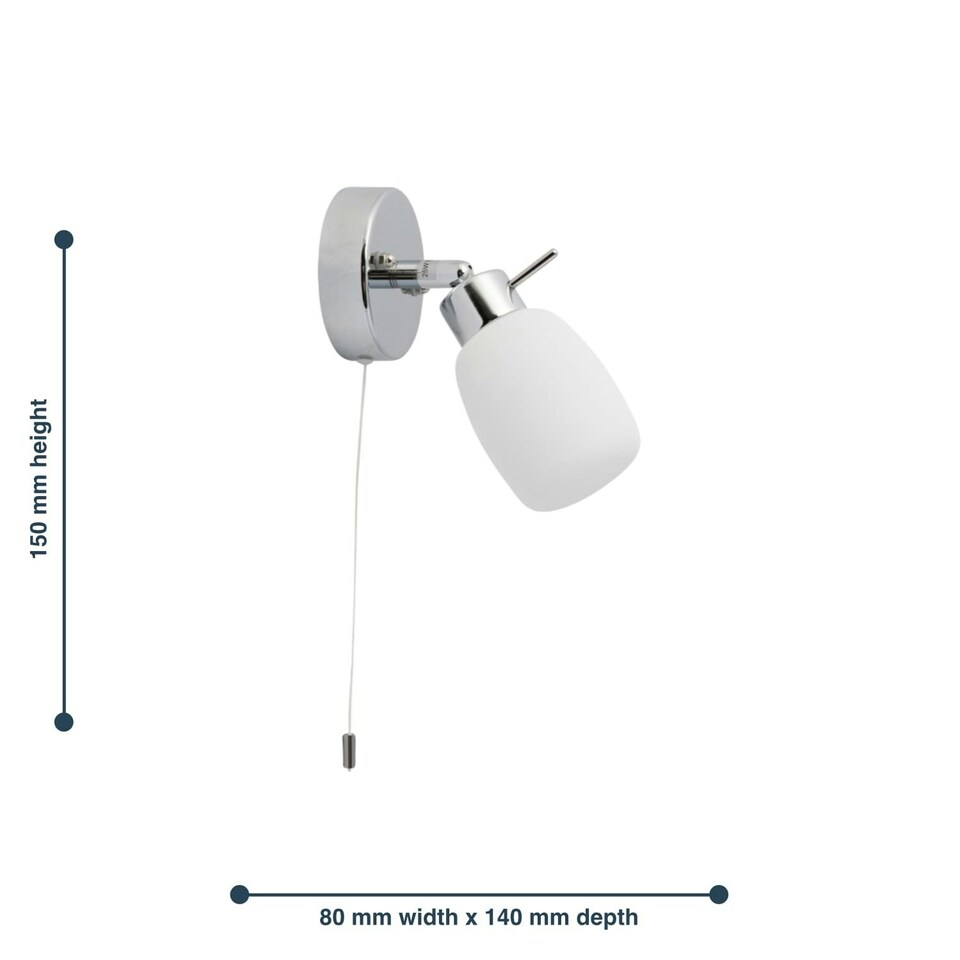 image 1 of First Choice Lighting Set of 2 Brom Chrome Opal Glass IP44 Pull Cord Bathroom Wall Spotlights Chrome