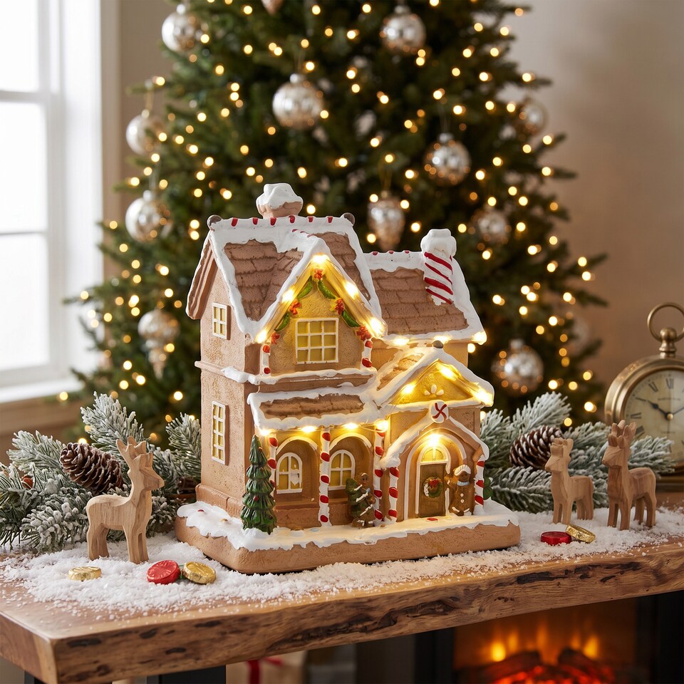 image 1 of HOMCOM Lighted and Musical Christmas Candy House with Gingerbread Man Brown