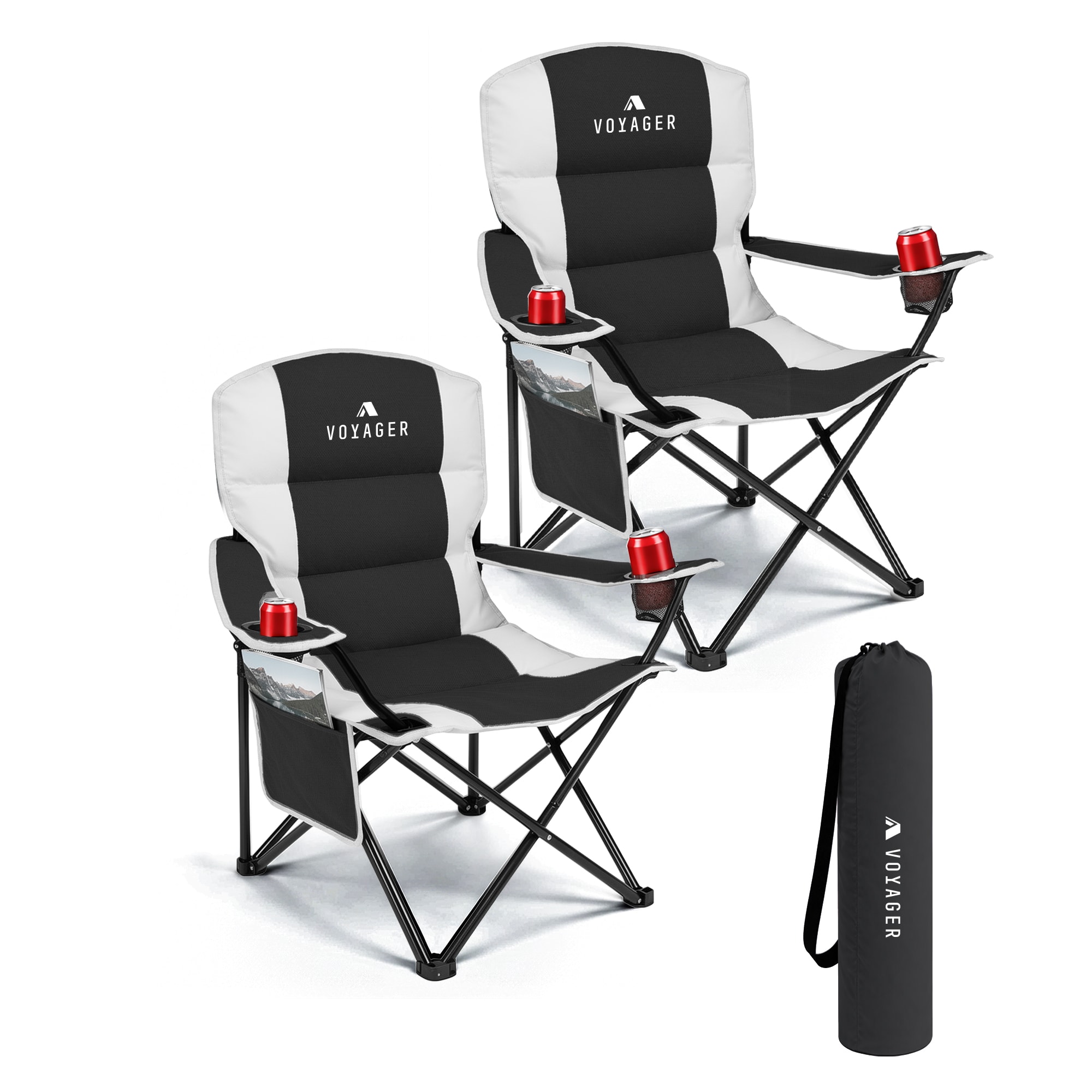 Voyager 2-Pack Padded Foldable Camping Chairs with Cup Holder & Side Pockets in Black