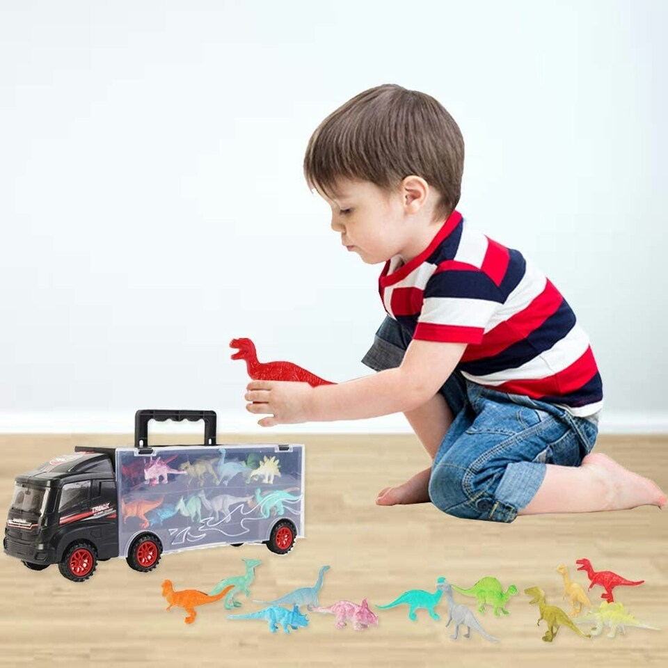 image 1 of Dinosaur Transporter Truck Carry Case Playset – Includes 12 Dinosaur Figures & Mini Race Car – Portable Toy Organizer with Slide Ramp for Kids