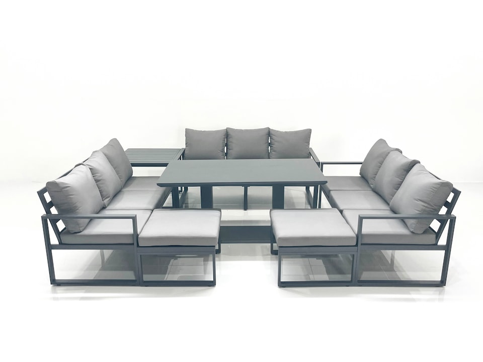 image 1 of Fimous 11 Seater Garden Sofa Set Aluminium Furniture Rising Dining Tabe Set with Side Table 2 Big Footstools Dark Grey