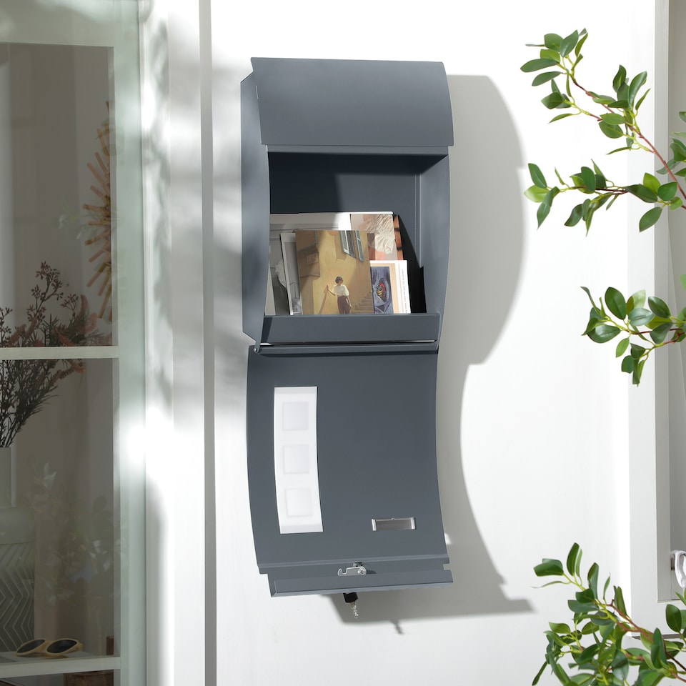 image 1 of HOMCOM Wall Mounted Letter Box, Weatherproof Post Box for Outside Wall, Modern Mailbox with 2 Keys and Nameplate, Anthracite Grey | Grey