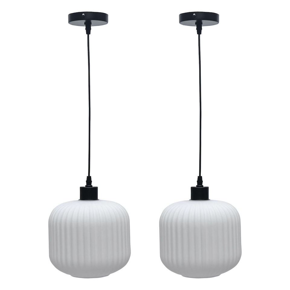 image 1 of Set of 2 Bento - White Ribbed Glass with Black Pendant Fittings | Black | White | 2