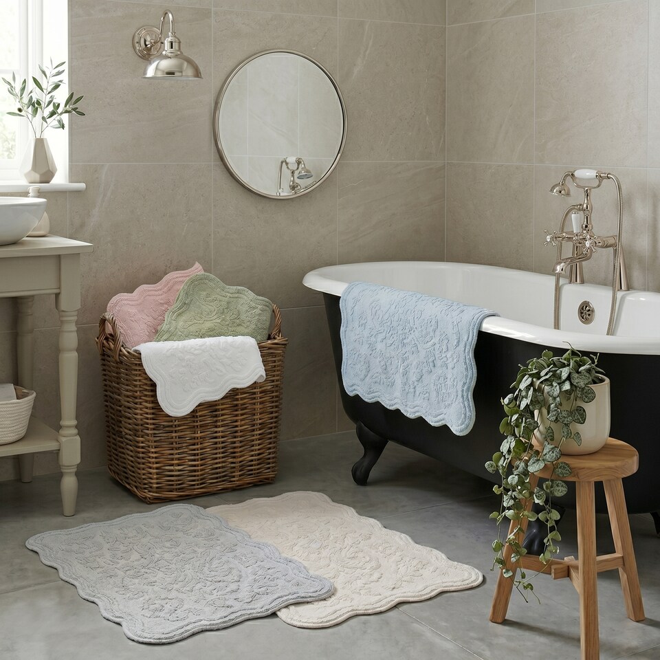 image 1 of Gracie Floral Jacquard Scalloped Bath Mat