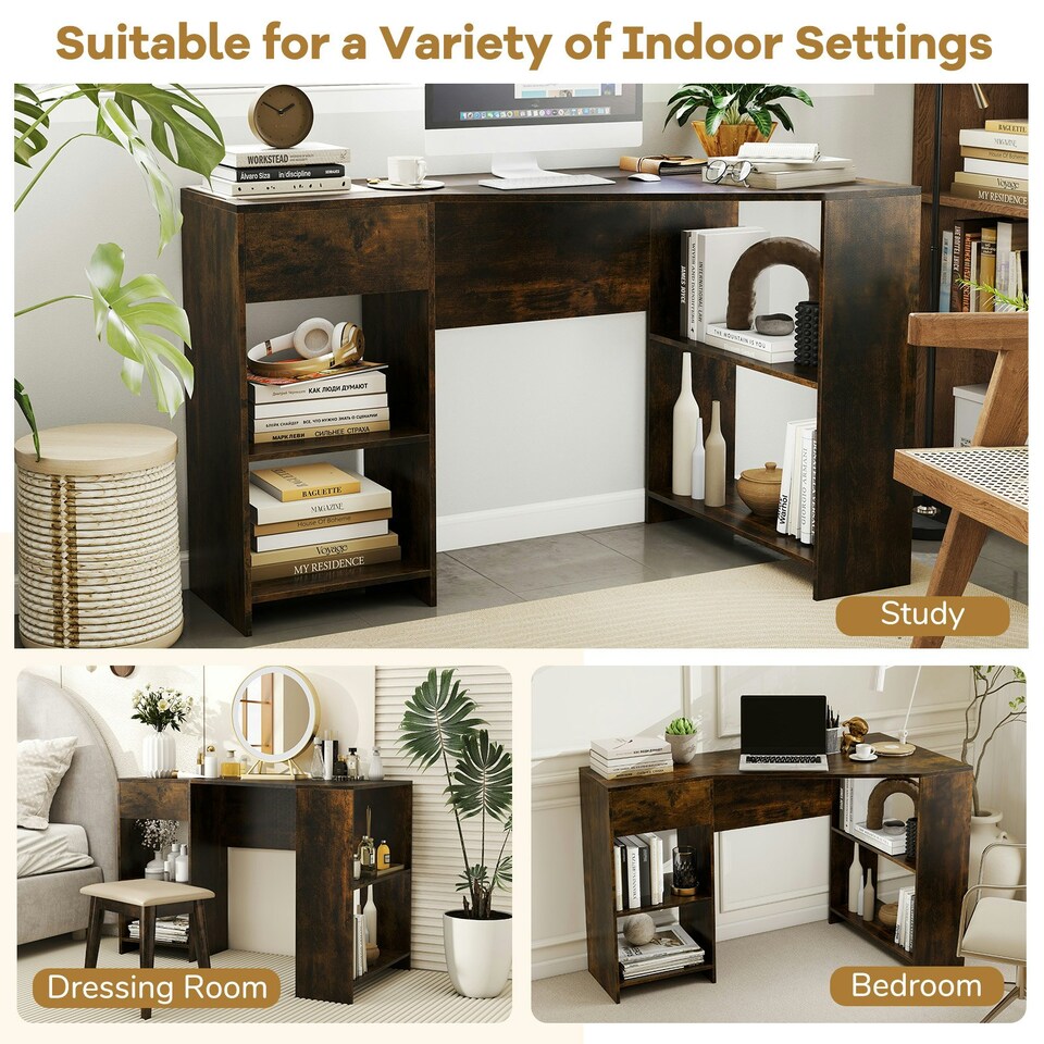 image 1 of COSTWAY L-Shaped Computer Desk Corner Table w/Storage Brown Brown