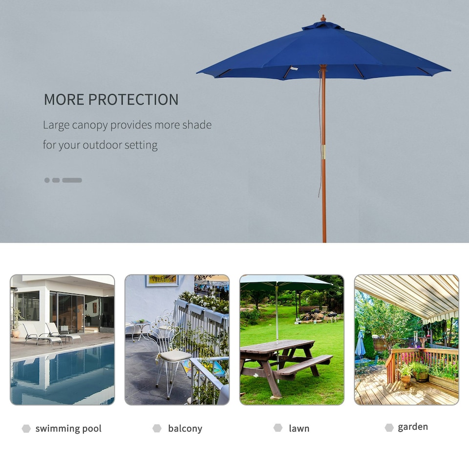 image 1 of Outsunny 2.5m Wooden Garden Parasol Outdoor Umbrella Canopy w/ Vent Blue