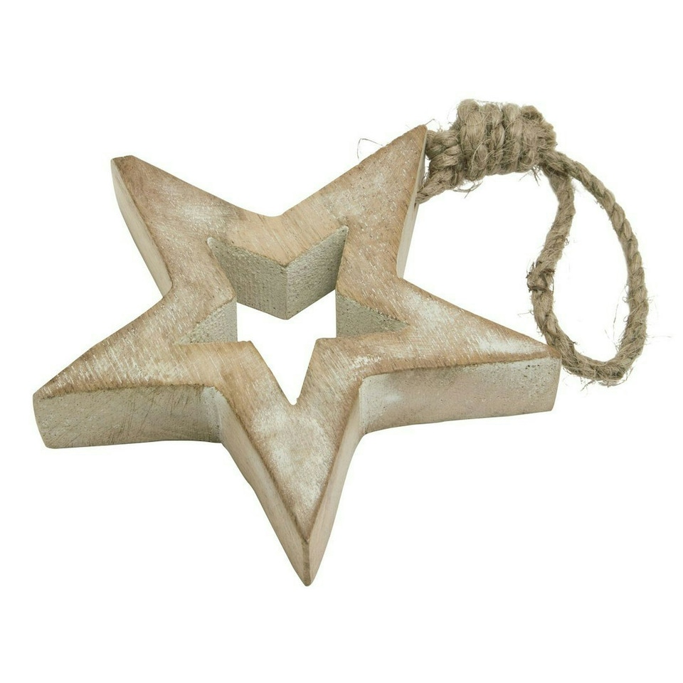 image 1 of White Wash Collection Small Hanging Star Decoration - Wood - L1 x W10 x H10 cm - Brown
