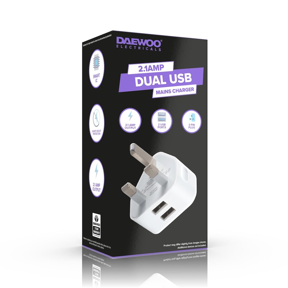 image 1 of Daewoo 2.1A Dual USB Mains Charger Plug Adaptor White