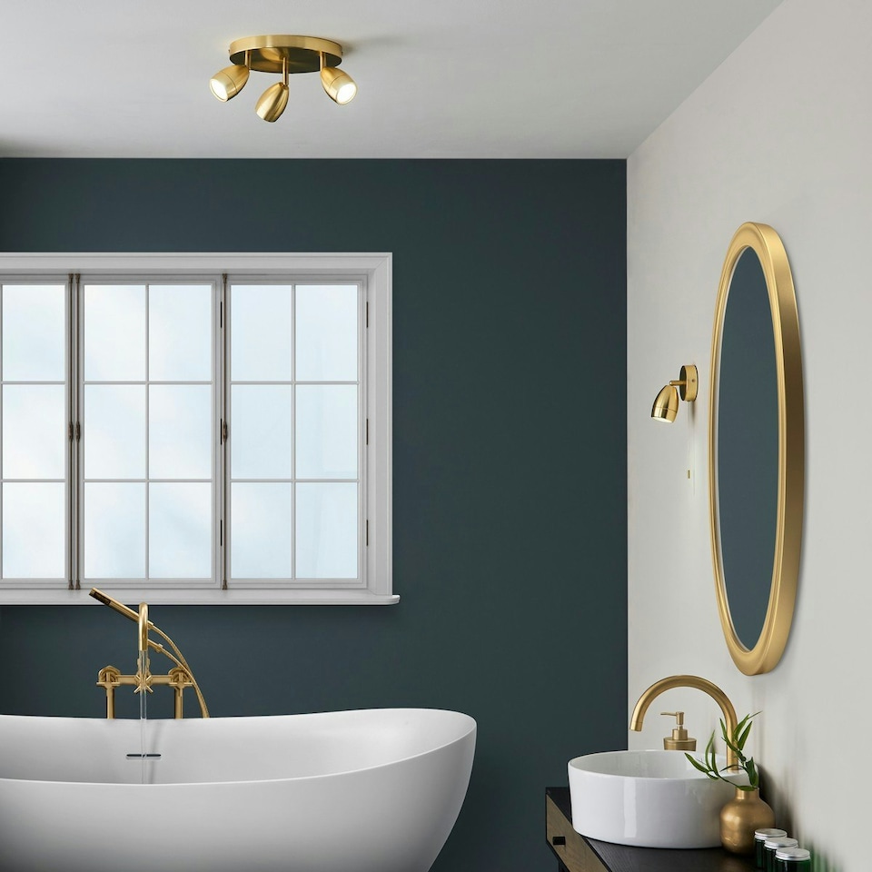 image 1 of Porto Bathroom Round Spotlight, Satin Brass Plate, Glass, IP44