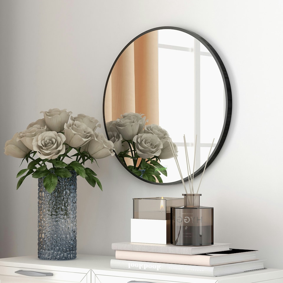 image 1 of kleankin Round Bathroom Mirror, Modern Wall Mirror Aluminium Frame, 40x40 cm