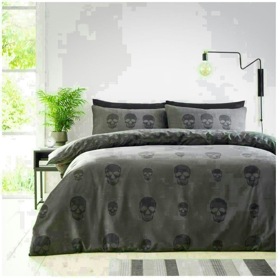 image 1 of Skull Charcoal Printed Duvet Cover Set Reversible Polycotton Beddings Grey | King