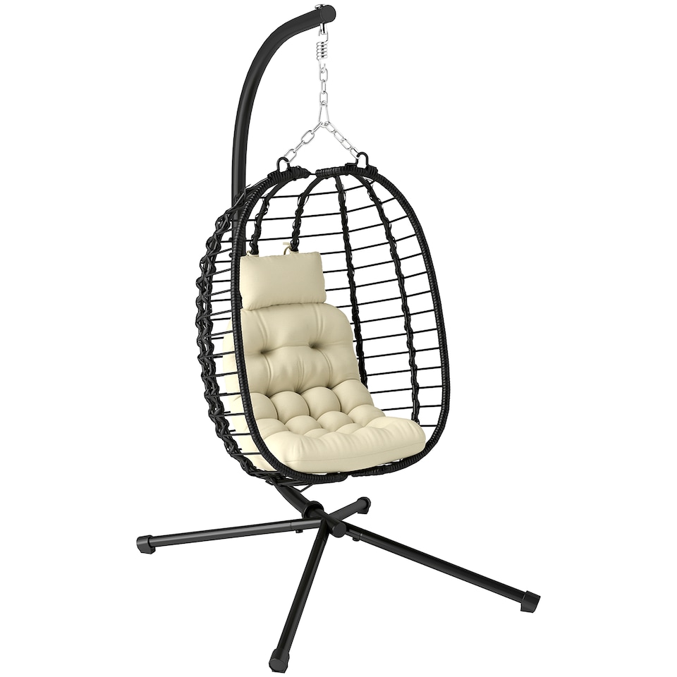 image 1 of Outsunny Rattan Hanging Egg Chair, Foldable Wicker Hammock Swing Chair with Cushion, Stand, Adjustable Height, Head Pillow, Steel Frame for Garden Patio Indoor Outdoor, Cream White | Cream | Cream