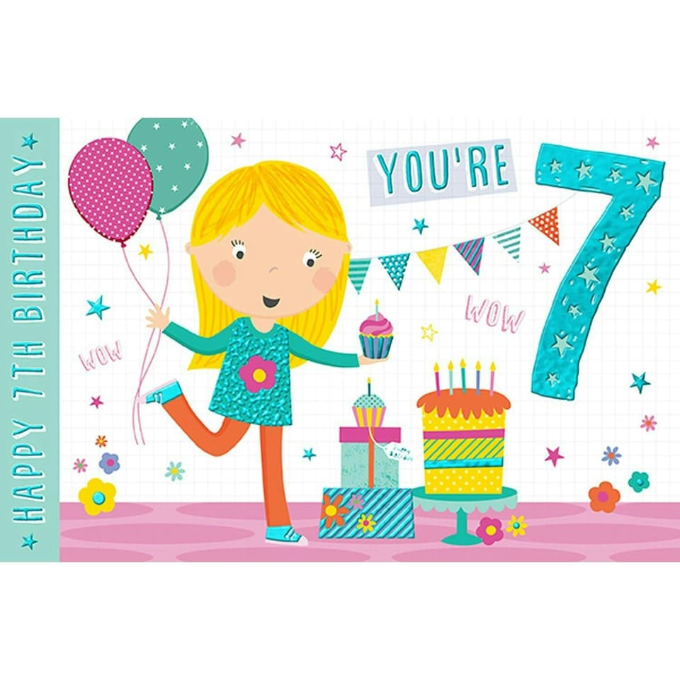 Words 'n' Wishes Traditional Age 7 Birthday Card for a Girl, Girls 7th Birthday Card, Multi-Coloured 21.2 x 13.8 cms