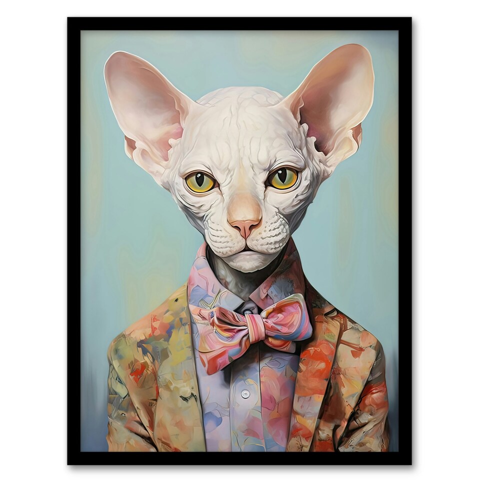 image 1 of Stylish Sphynx Cat Pastel Colour Pet Home Decor Black Framed Wall Art Print A4