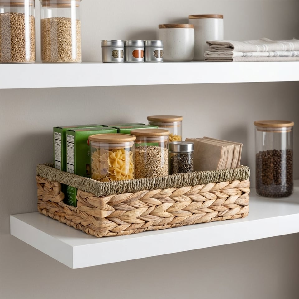 image 1 of Wickerfield Shallow Woven Water Hyacinth Basket, Wicker Hamper Basket with Handle, Storage Baskets for Bathroom Toys Gift with Seagrass Border (Medium)