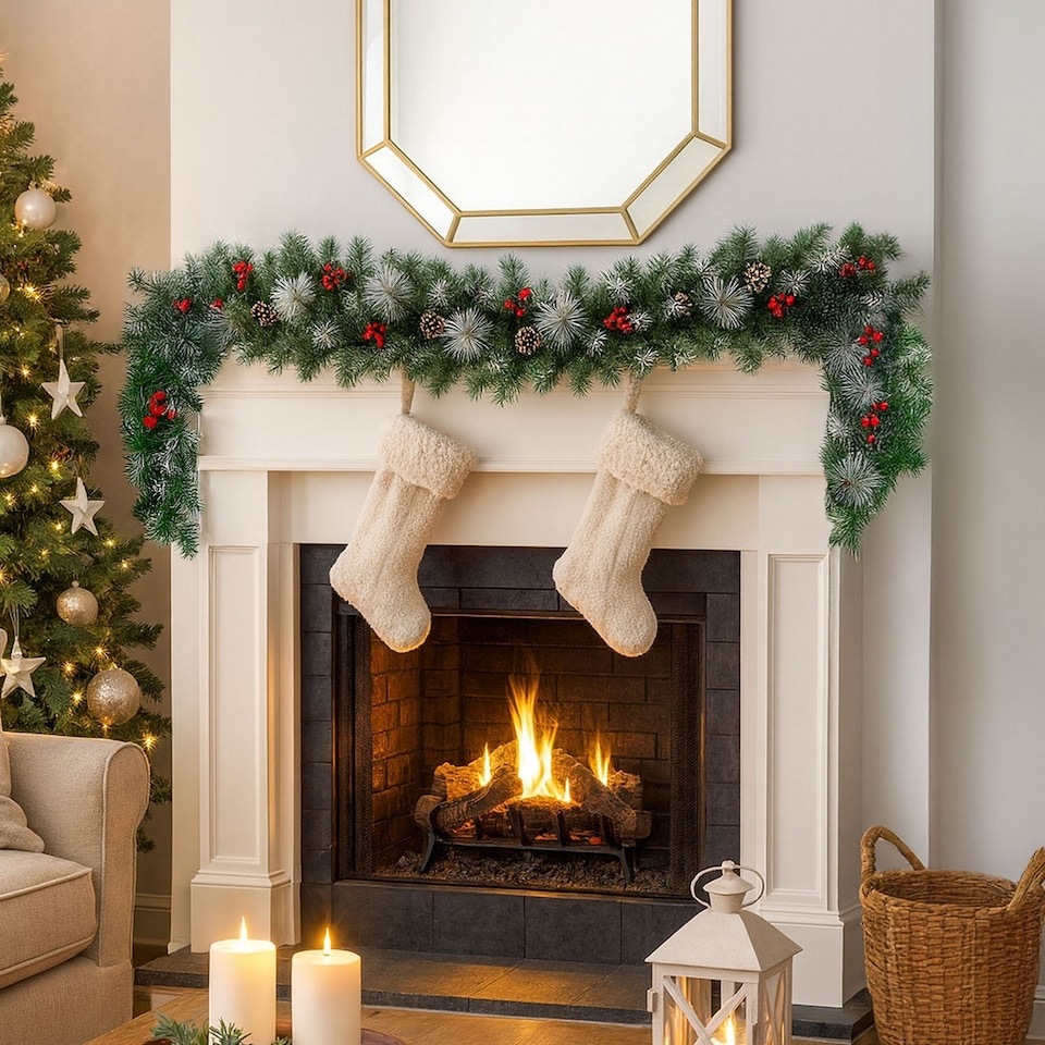 image 1 of Neo 2m Artificial Green Christmas Garland Lush Evergreen Holiday Decoration Reusable Festive Wreath Trim for Mantel, Staircase & Outdoor Use | Green | Green Red