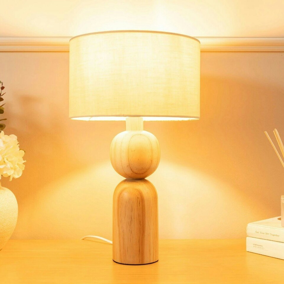 image 1 of ValueLights Azalea Rustic Wooden Bedside Table Lamp with a Natural Drum Lampshade