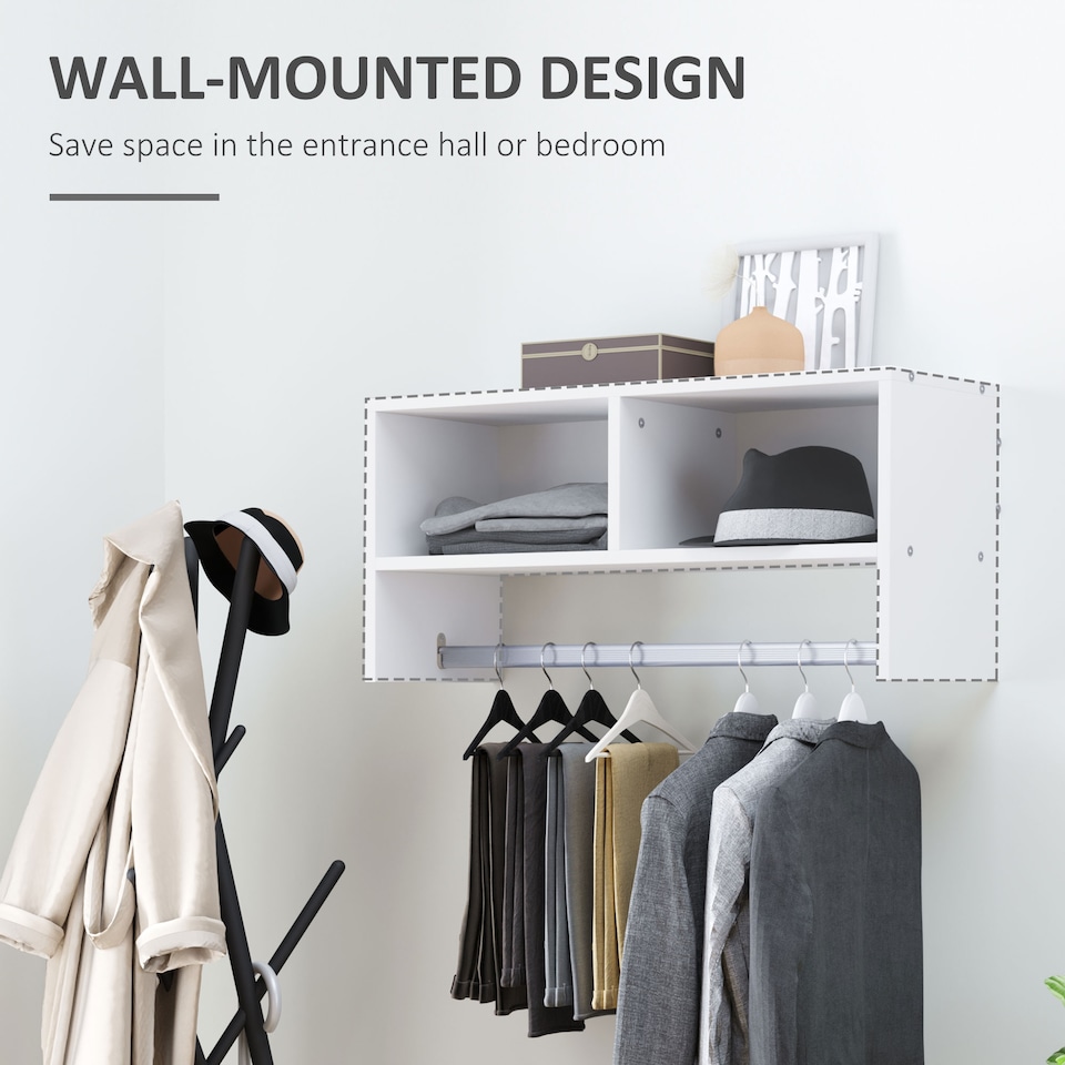 image 1 of HOMCOM Wall Mounted Coat Hanger Hooks Rack Stand Hallway Coat Rack Rail & Storage Shelf Hanging Coat Organizer (White)