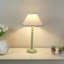 ValueLights Bobbles Sage Green Bobbin Table Lamp with Blue Trim Scallop Shade & LED Bulb