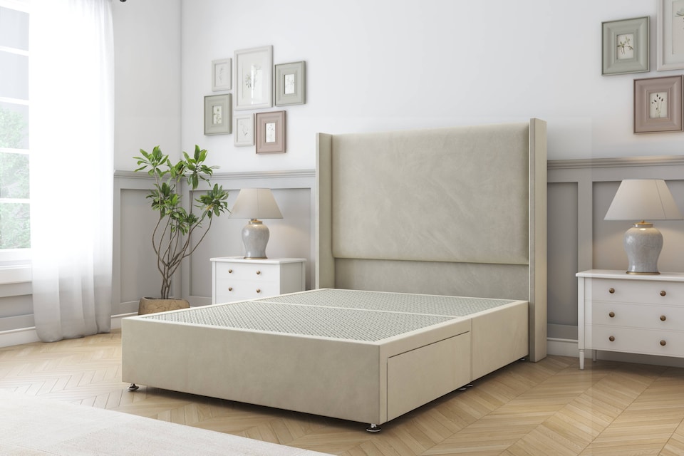image 1 of Sloomy Devonshire Cream Plush Divan Bed Base No Drawers With 54 Inch Wingback Headboard | Cream | Cream | Super King | 1