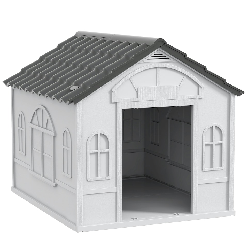 image 1 of PawHut Weather-Resistant Dog House, Puppy Shelter for Medium Dogs - Grey