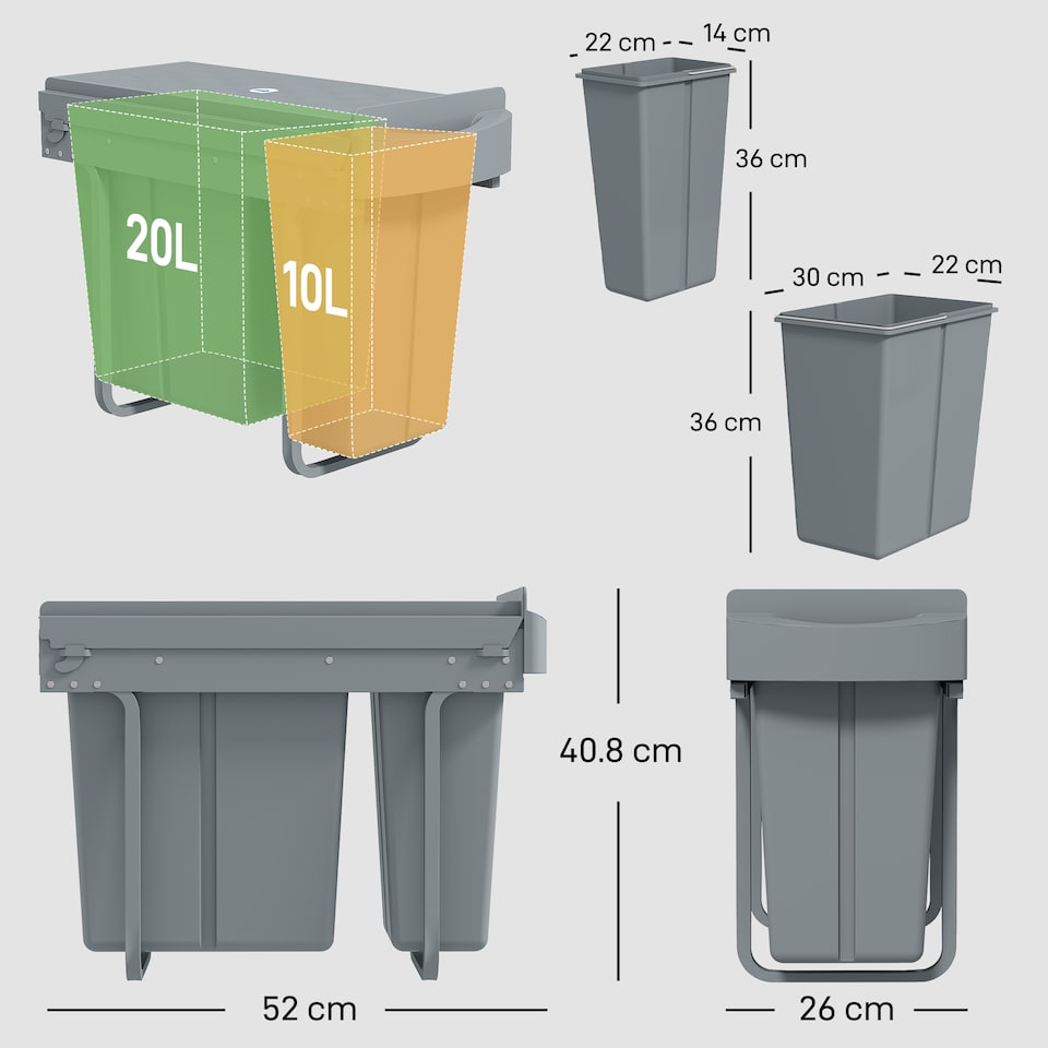 image 1 of HOMCOM Under-Sink Kitchen Trash Bin, 2 Removable Recycling Containers, Grey