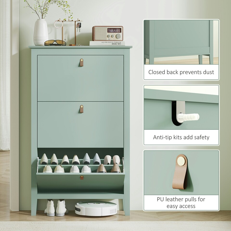 image 1 of HOMCOM 3 Drawer Shoe Cabinet with Flip Doors for Hallway, Entryway Green | 80W x 24D x 131H cm