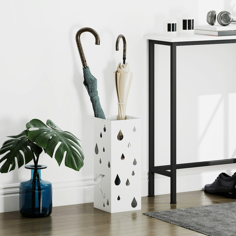 image 1 of HOMCOM Metal Umbrella Stand, Square Umbrella Basket with 4 Hooks Drip Tray White