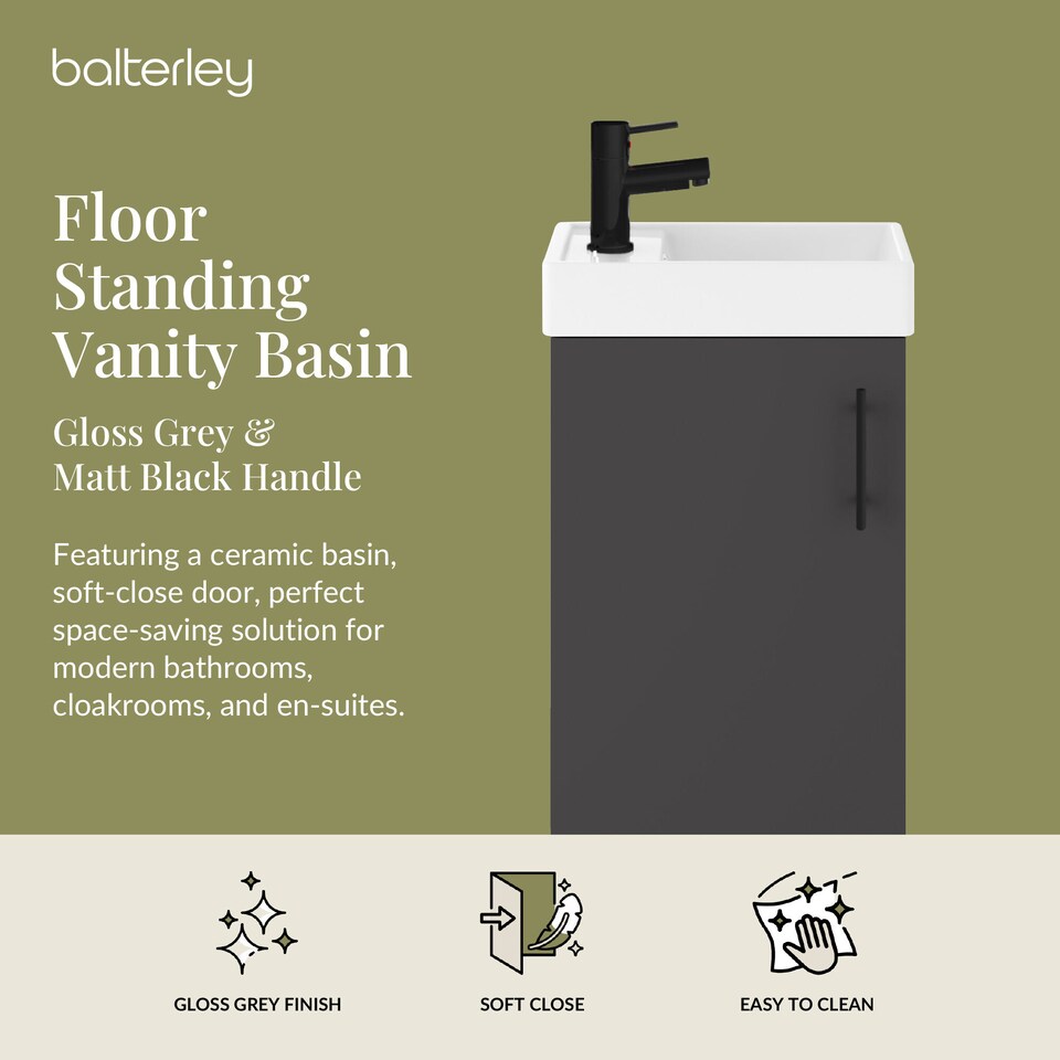image 1 of Balterley Floor Standing Vanity Basin 400mm Gloss Grey & Matt Black Handle