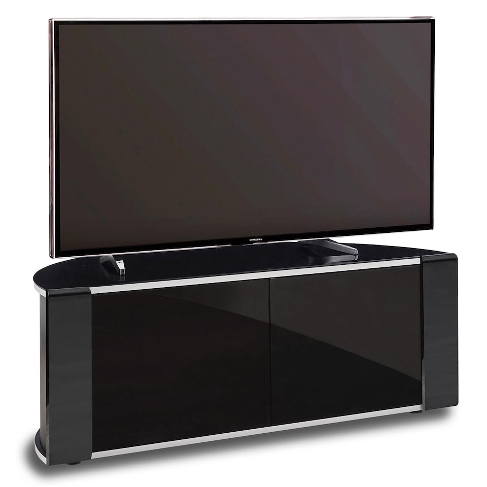 image 1 of MDA Designs Sirius 850 Remote Friendly Beam Thru Glass Door Gloss Piano Black with Black Front Profiles & Silver Trim up to 40" LCD/Plasma/LED Cabinet TV Stand | Multi | 1