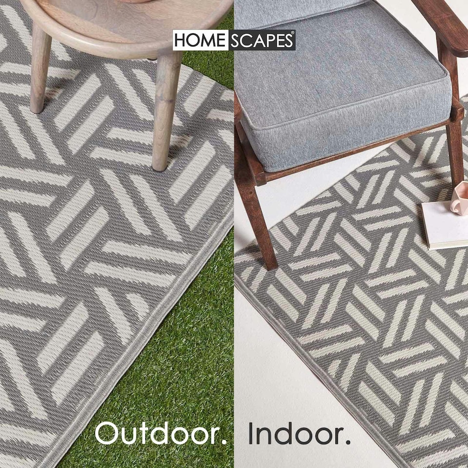 image 1 of Homescapes Outdoor Rug Luxury Waterproof Reversible Recycled, For Garden, Luna Geometric | Grey | Grey and White