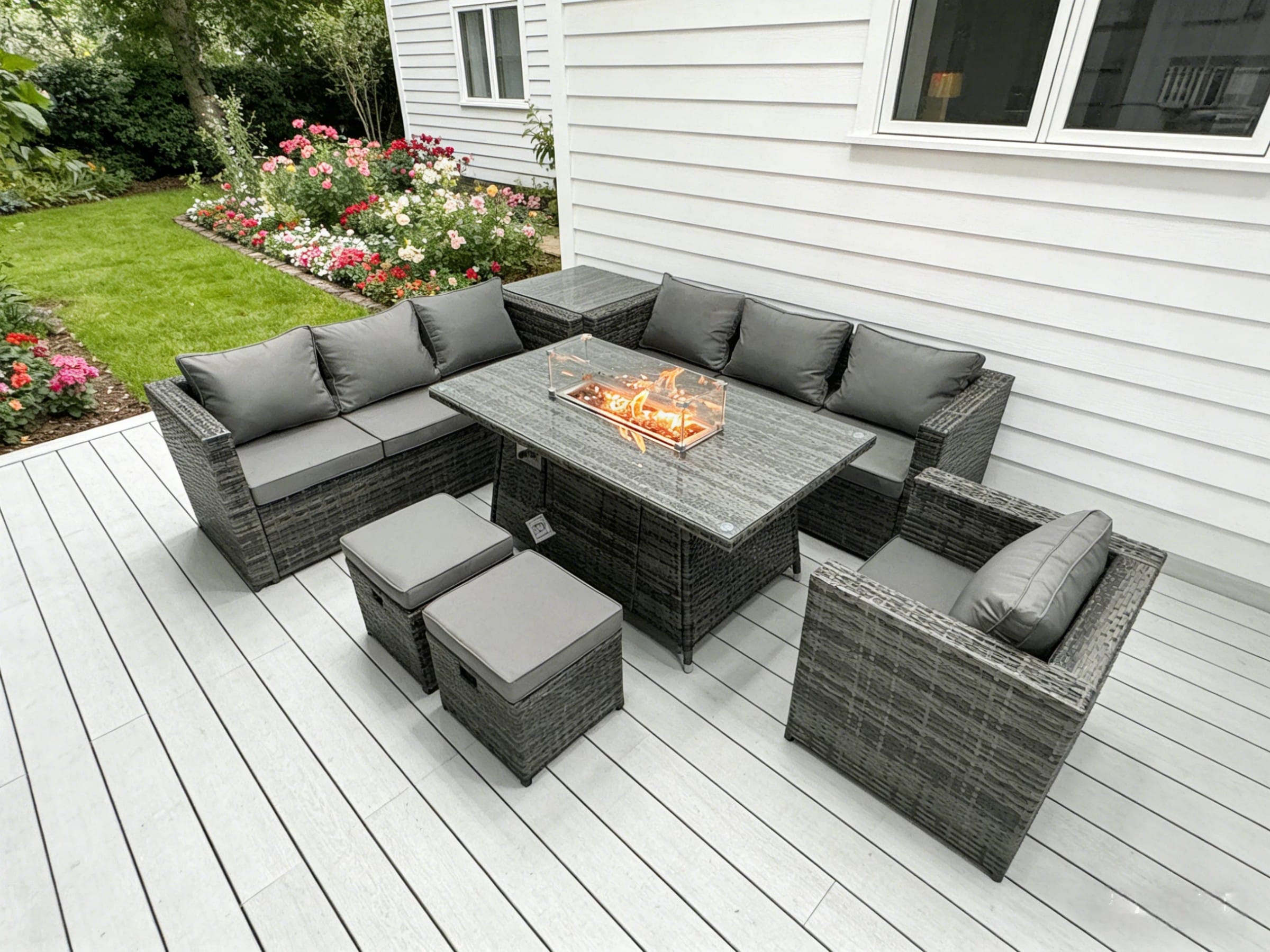 Fimous Outdoor Rattan Garden Furniture Gas Fire Pit Dining Table Gas Heater Sets Lounge Chairs Small Footstools Dark Mixed Grey 9 Seater