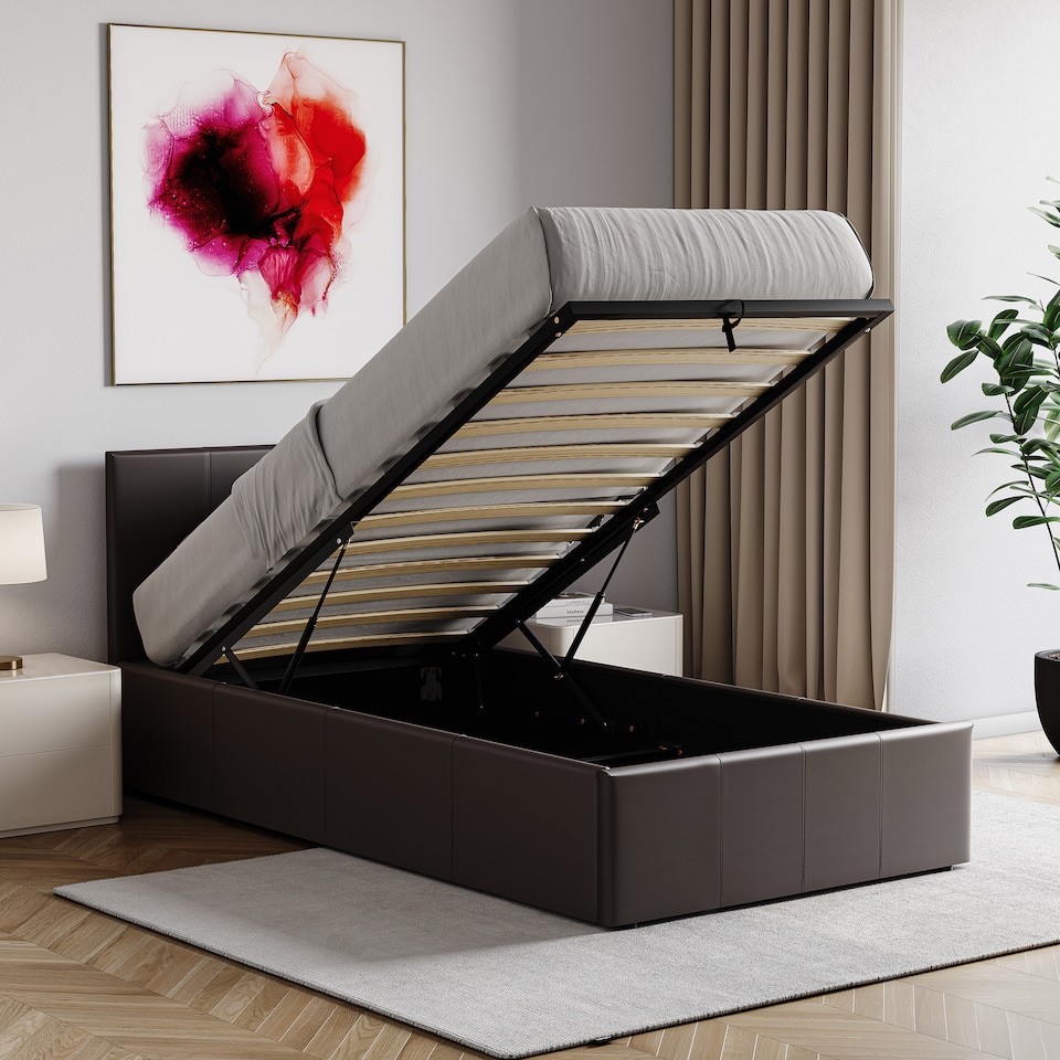 image 1 of Vida Designs Lisbon Single Ottoman Faux Leather Bed, Brown & Gel Memory Foam Pocket Spring Mattress, Single
