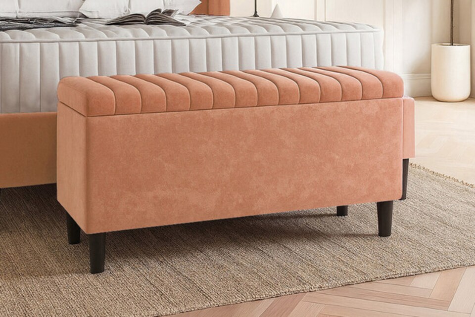 image 1 of 90cm Lined Upholstered Ottoman Storage box - Mink Plush Velvet Blanket Storage Box with Wooden Legs